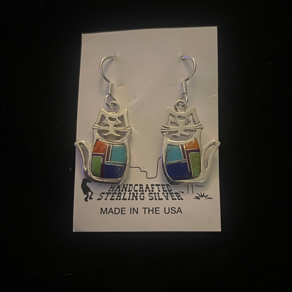 Sterling Silver Cat Earrings with Multicolor Inlay